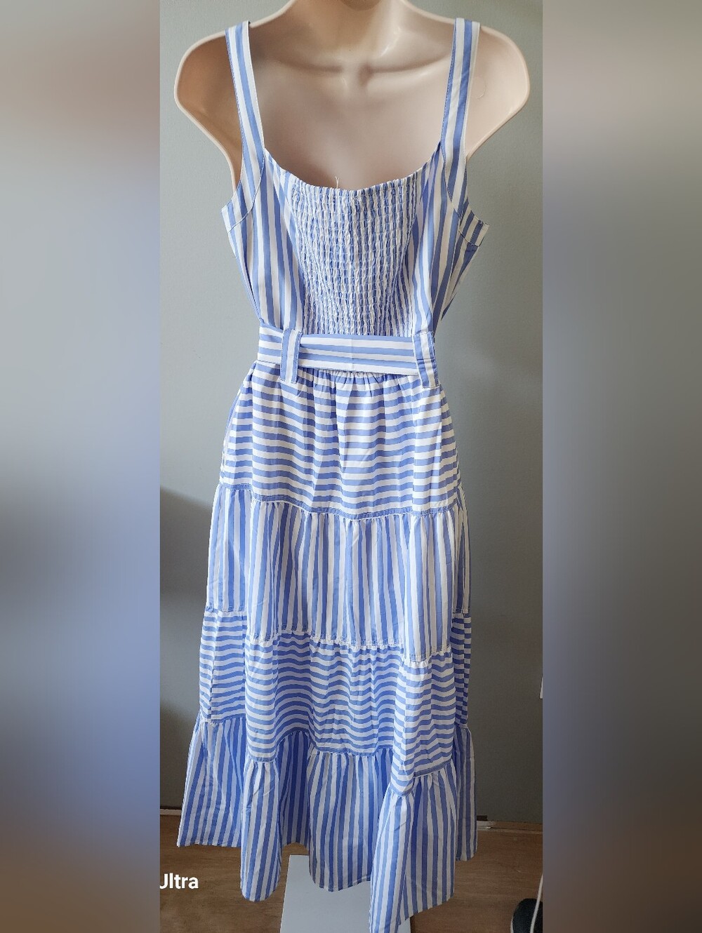 Blue & White Striped Sleeveless Tie-Waist Maxi Dress - Picture 2 of 3